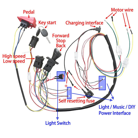 6V 12V 24V DIY Wire Harness Electric Conversion Kit For Kid's Ride On Toys Cars SUVs ATVs UTVs Trax Upgrade Replacement Parts With Easy Install And Custom Wiring Set Switches Included, showing wiring layout with labeled components