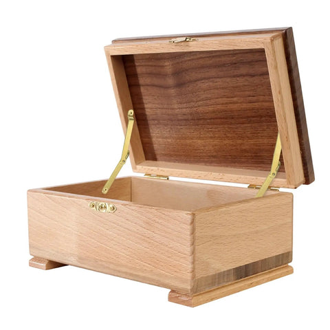 Open wooden box showing installed 2 Pack Folding Lid Support Hinges 180 Degree Rotatable Brass Lid Stay Hinge for Cabinets and Jewelry Boxes