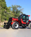 Pro Grade Telehandler Forklift With Precision Telescopic Boom And All Terrain Capability Built Tough for farms, side view on road.