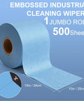 Top Tier Heavy Duty Embossed Jumbo Roll Industrial Cleaning Wipes Super Absorbent Lint Free Workhorse Cloths Solid For Oil And Grease Removal 10 By 15 Inches 500 Sheets on a blue background showing dimensions.