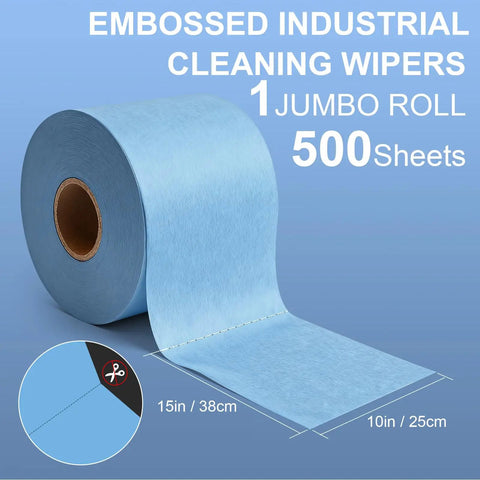 Top Tier Heavy Duty Embossed Jumbo Roll Industrial Cleaning Wipes Super Absorbent Lint Free Workhorse Cloths Solid For Oil And Grease Removal 10 By 15 Inches 500 Sheets on a blue background showing dimensions.
