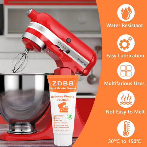 Food Grade Lubricant for Kitchen Gear and Home Appliances, Odorless PTFE Grease tube next to red stand mixer