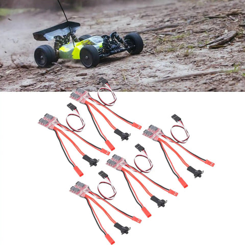 Image of a yellow 1/16 scale RC car next to a set of five Beefy 30A Brushed Electronic Speed Controller With Brake Dual Way For 130 180 260 Motors Fits 1 16 1 18 1 24 Scale RC Cars Boats Planes JST Interface Micro 5 Pack.