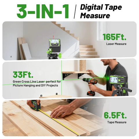 All In One 3 In 1 Laser Measuring Tool With 165 Ft Laser Measure, 33 Ft Green Cross Line Laser Level, 6.5 Ft Digital Tape Measure, Rechargeable Battery, Voice Broadcast, Multi Mode, Rugged Construction For Construction And Home Use in use