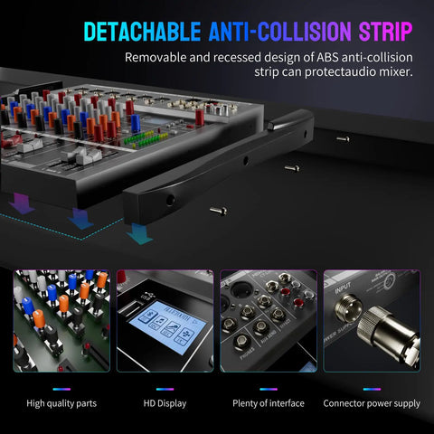 Six Channel DJ Mixer With Bluetooth Streaming And USB Interface showing detachable anti-collision strip feature.