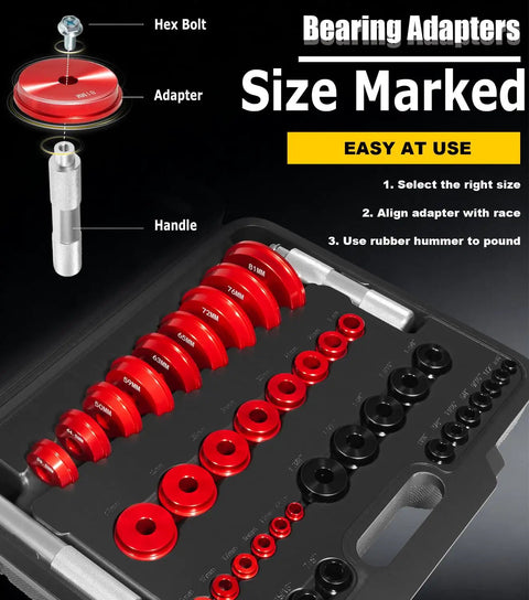 Heavy Duty Bearing Race And Seal Driver Kit 43 Piece Set With 39 Adapters And 4 Seal Drivers in case with labeled sizes