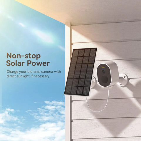 Outdoor Security Camera 2K QHD With Color Night Vision mounted on a wall with solar panel for weatherproof IP66 charging.