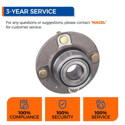 Front view of Rear Wheel Bearing Hub Assembly 512194 for Hyundai Elantra 2001-2006 and Kia Spectra 2005-2009 shown with 3-year service info