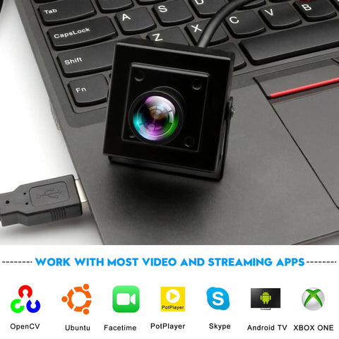 50FPS Global Shutter USB Camera With Wide Angle Distortion Free Color Lens USB 2.0 Plug And Play For Golf Swing Slow Motion Industrial Machine Vision VR And Robotic Vision resting on laptop keyboard