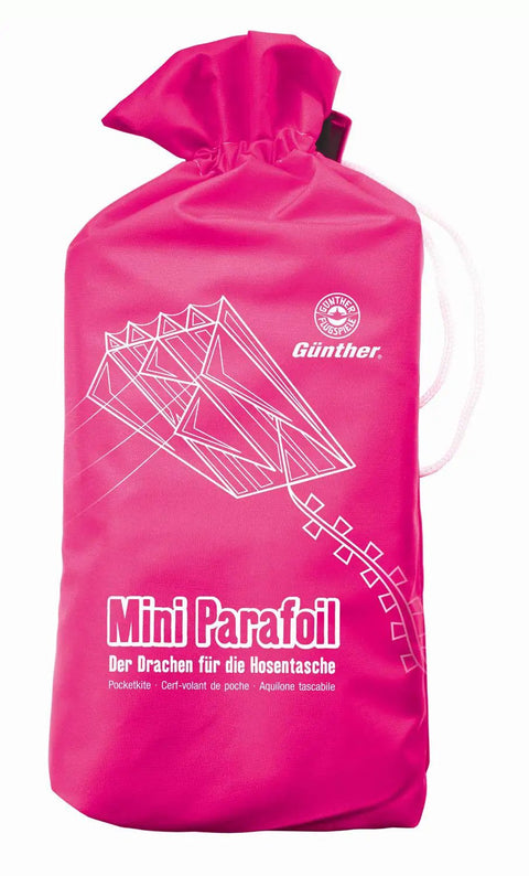 Pink Mini Parafoil Kite With Sail 60 By 51 Cm Single Line Kid Friendly Easy Fly Toy package with graphic design