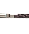 HFS roughing end mill, side view, 1/2 in diameter, square end, 4-flute, M42 cobalt TiAlN-coated steel cutter