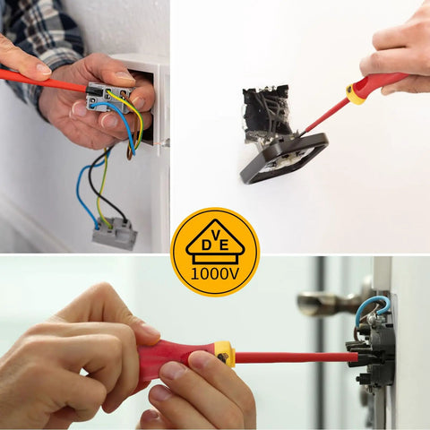 Pro Grade 1000V Insulated Electrician Screwdriver Set 8 Piece in use, safe electrical work, VDE certified, close-up view.