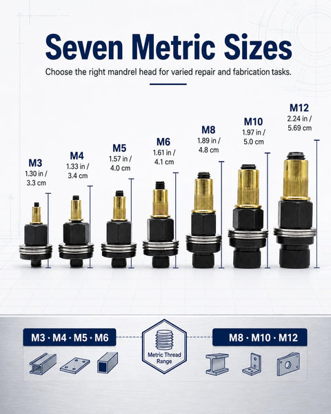 Heavy Duty Carbon Steel Rivet Nut Tool Kit With M3 To M12 Mandrels showcasing 7 sizes for various metal repairs.