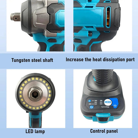 Close-up of RiToEasysports Cordless Impact Wrench With 405 Ft Lbs Brushless High Torque 18V Electric Tool features including LED and control panel.