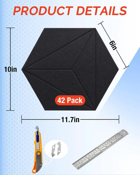 Amp Up Your Room Acoustics 42 Pack Hexagon Peel And Stick Acoustic Panels High Density Polyester Felt Foam Wall Tiles 10in x 6in
