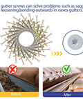30 Sets White 7 Inch Gutter Screws With Stainless Steel Ferrule Durable Gutter Nails And Spikes Easy To Install Secure Gutter Fasteners For Renovation And Maintenance Of Gutters displayed in spiral arrangement with usage illustration for gutter repair.