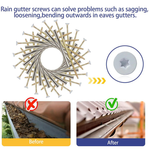 30 Sets White 7 Inch Gutter Screws With Stainless Steel Ferrule Durable Gutter Nails And Spikes Easy To Install Secure Gutter Fasteners For Renovation And Maintenance Of Gutters displayed in spiral arrangement with usage illustration for gutter repair.