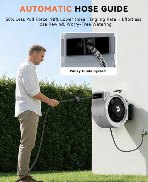 Man using Retractable Garden Hose Reel With Auto Slow Retract No Tangle, 100 Ft Of One Half Inch Hose, Wall Mounted, Brass Fittings