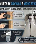 Wall Mount Docking Station For LVAC 200 Cordless Vacuum installed on wall with extension wand and crevice tool attached, easy install guide.