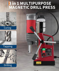 Heavy Duty Magnetic Drill Press With 1550W Motor, 1.57 Inch Capacity, showing coring, tapping, and drilling functions