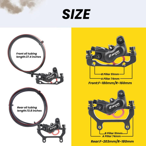 Hycline 4-piston e-bike hydraulic disc brake set pair with 180mm front and 160mm rear rotors, black calipers