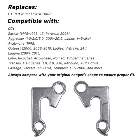 Derailleur Hanger 2 Replacement For ATIDH0021 Dropout, Silver Aluminum Tail Hook, compatible models listed on image