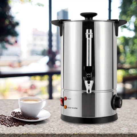 Party Ready Commercial Coffee Urn And Tea Maker 8L Large Stainless Steel Beverage Dispenser on countertop