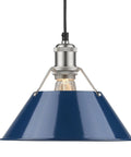 Orwell Pendant Light In Pewter With Navy Shade, Industrial style lighting fixture with steel construction, close-up view