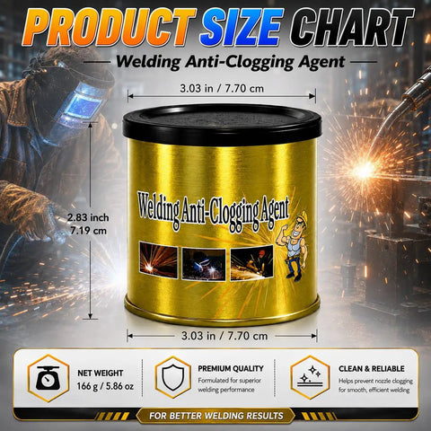 Pro Grade Welding Anti Clogging Gel For MIG Nozzles And Tips product size chart with can dimensions and welder graphic