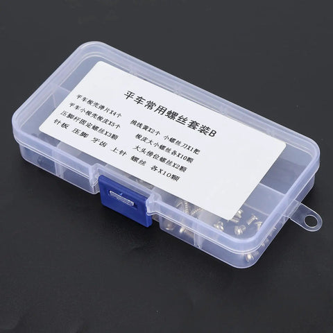 Super Tight Industrial Sewing Machine Screw Kit With Stainless Steel Shrapnel And Needle Parts To Fix Presser Feet Bobbins Fast in a clear storage case.