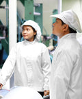 Two people in ESD Anti Static Lab Coats With Protective Hood and Secure Cuff Design working in a high-tech environment.