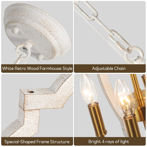 Vintage Farmhouse Pendant Light 4 Light Wood Chandelier Ceiling Mount Rustic Dining Room Fixture In White Finish details