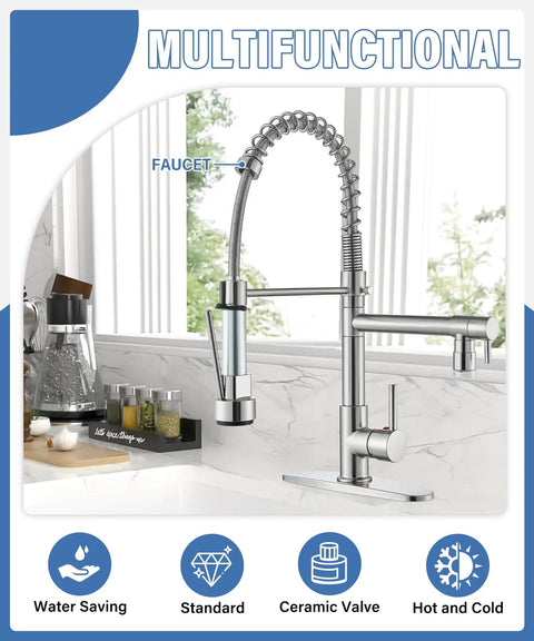 Spring Kitchen Sink Faucet With Pull Down Sprayer, Contemporary Stainless Steel in a modern kitchen setting