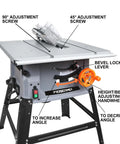 Heavy Duty 10 Inch Table Saw With 15 Amp Motor Delivers 5000 RPM Power For Ripping Through Hardwood And Pressure Treated Lumber Features detailed adjustment controls.