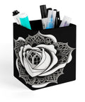 PU Leather Pen Holder Desk Organizer Pencil Cup with rose floral design, holding pens and markers, soft flannel lined interior.