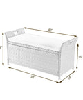 Outdoor Deck Storage Box And Wicker Storage Bench In Red Rattan Storage Chest With Cushion For Patio Garden Weather Resistant Cushioned Seat And Hidden Storage Easy Access All In One Outdoor Organization For Patio, showing dimensions with cushioned seat