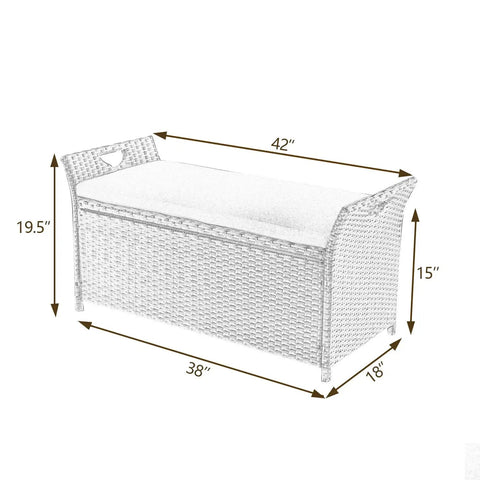 Outdoor Deck Storage Box And Wicker Storage Bench In Red Rattan Storage Chest With Cushion For Patio Garden Weather Resistant Cushioned Seat And Hidden Storage Easy Access All In One Outdoor Organization For Patio, showing dimensions with cushioned seat