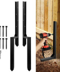 Heavy Duty Fence Post Repair Kit with steel ground spike, screws, and drill attachment shown with installation on wood post.