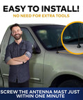 Man standing by truck with Ford F-150 6.34 Inch Antenna Mast, easy tool-free installation text displayed.