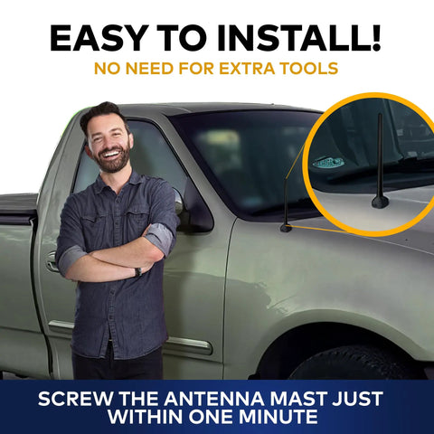 Man standing by truck with Ford F-150 6.34 Inch Antenna Mast, easy tool-free installation text displayed.
