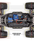 Top view of Widemaxx Red Ready To Rip RC Monster Truck With Clipless Body Mount System Delivers 55 Plus MPH Straight From The Box On A 4S LiPo, showcasing extended wheelbase and rugged chassis.