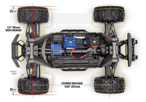 Top view of Widemaxx Red Ready To Rip RC Monster Truck With Clipless Body Mount System Delivers 55 Plus MPH Straight From The Box On A 4S LiPo, showcasing extended wheelbase and rugged chassis.