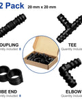 Box showing All In One 32 Piece Drip Irrigation Fittings Kit For Three Quarter Inch Tubing With Tees Elbows Couplings End Cap Plugs