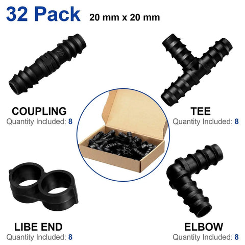 Box showing All In One 32 Piece Drip Irrigation Fittings Kit For Three Quarter Inch Tubing With Tees Elbows Couplings End Cap Plugs