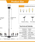 Infographic displaying dimensions and details of Matte Black Chandelier For Dining Room Living Room Foyer And Kitchen Island With 8 Lights Modern Farmhouse Rustic Industrial Pendant Light Fixture For Ceiling Mount Dope Vibe That Slaps, including adjustable chain length and bulb compatibility.