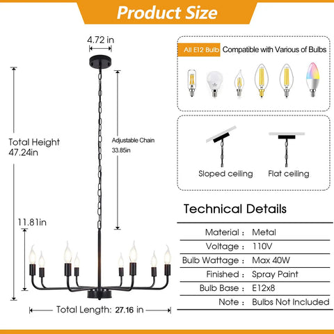 Infographic displaying dimensions and details of Matte Black Chandelier For Dining Room Living Room Foyer And Kitchen Island With 8 Lights Modern Farmhouse Rustic Industrial Pendant Light Fixture For Ceiling Mount Dope Vibe That Slaps, including adjustable chain length and bulb compatibility.