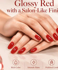 Glossy red nails using Semi Cured Gel Nail Strips Kit With 2 Packs Including 8 Sizes For Anti Lift Fit Salon Quality Long Lasting Odorless