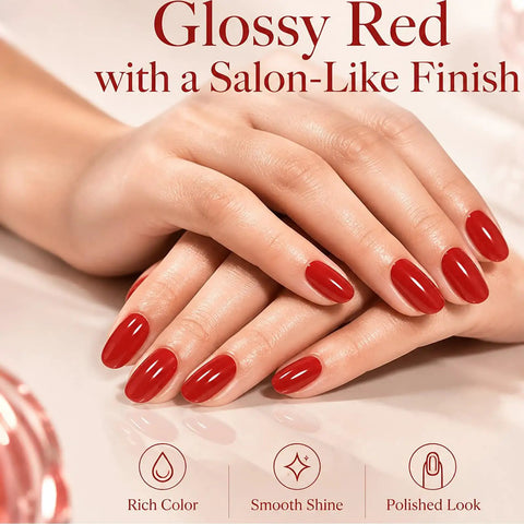 Glossy red nails using Semi Cured Gel Nail Strips Kit With 2 Packs Including 8 Sizes For Anti Lift Fit Salon Quality Long Lasting Odorless