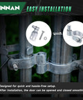 Heavy Duty Galvanized Steel Gate Hinge For One And Five Eighths Inch Chain Link Fence Gate Includes Bolts And Nuts Durable Fence Hardware For Secure Long Lasting Performance Easy To Install Ideal For Outdoor Gates 2 Pack displayed on a chain link fence with installation view.