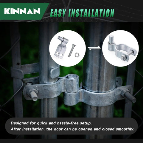 Heavy Duty Galvanized Steel Gate Hinge For One And Five Eighths Inch Chain Link Fence Gate Includes Bolts And Nuts Durable Fence Hardware For Secure Long Lasting Performance Easy To Install Ideal For Outdoor Gates 2 Pack displayed on a chain link fence with installation view.